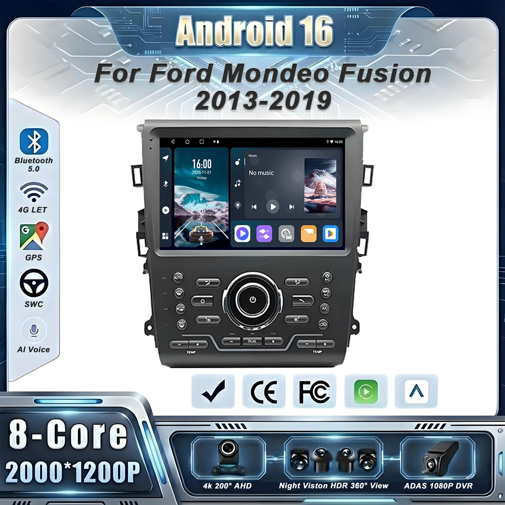 Car GPS Android 16 Auto Radio For Ford Mondeo Fusion 2013-2019 Stereo Head Unit No 2din DVD QLED Screen Dash Cam 5G BT DVD QLED