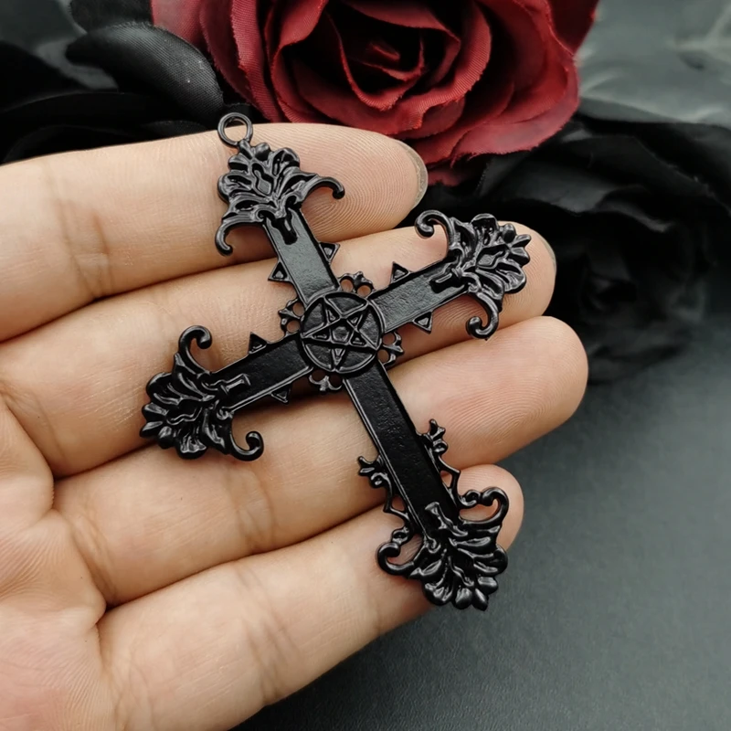 4pcs Gothic Cross Large black Charms Pentagram Cross Pendants for Jewelry Making DIY Rosary Supplies Necklaces Crafts Accessory