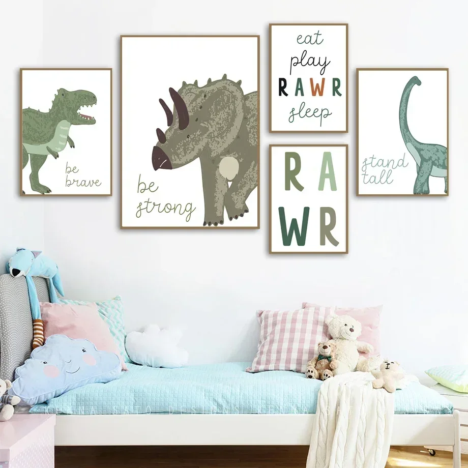 Boy Room Wall Art Print Cartoon Dinosaur Roar Quotes Nursery Canvas Painting Nordic Poster Wall Pictures Kids Room School Decor