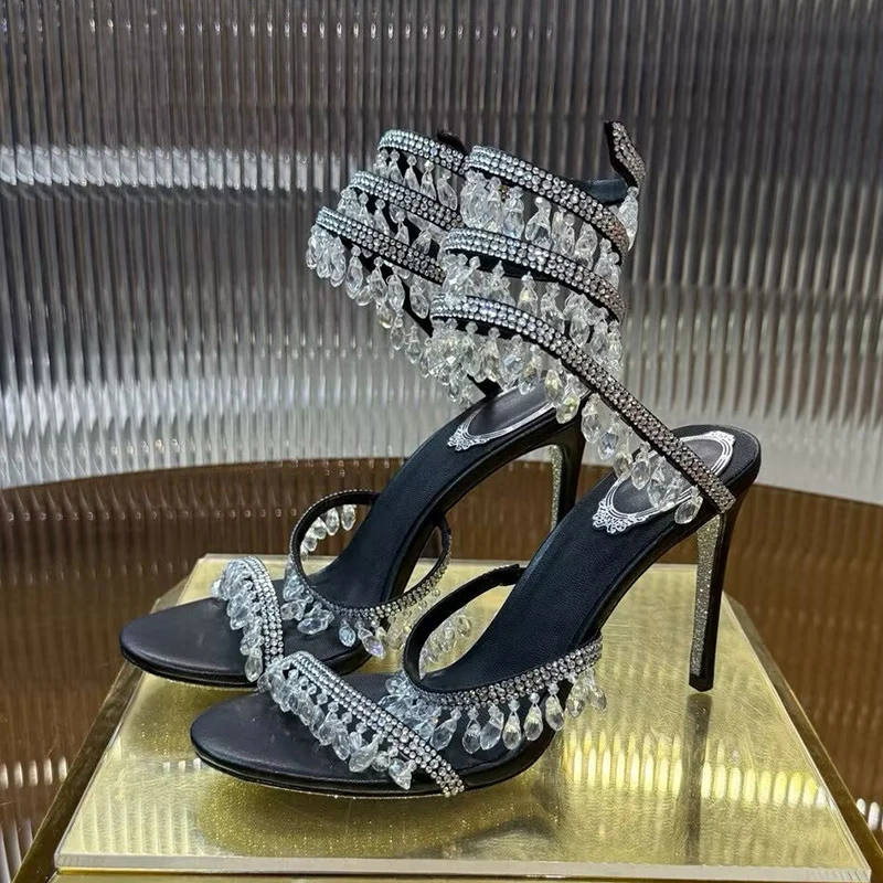 صنادل كعب عالٍ على الموضة النساء كريستال سلسلة حبة الأفعى على شكل لف أحذية الزفاف الصيف رقيقة الكعوب المصارع Sandalias #4