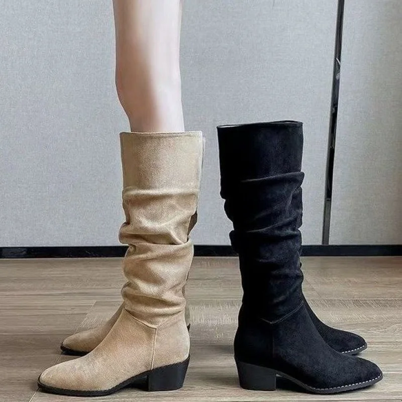 كعب مكتنز ريترو فوق الركبة مطوي أحذية النساء أحذية عالية أنبوب الموضة #1