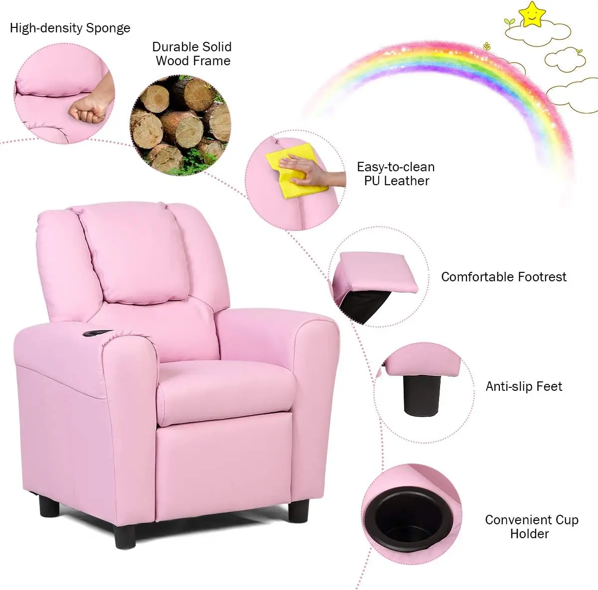 Kids Recliner Chair with Cup Holder, Toddler Room Furniture Children Armrest Sofa w/Headrest & Footrest for Girls Boys B