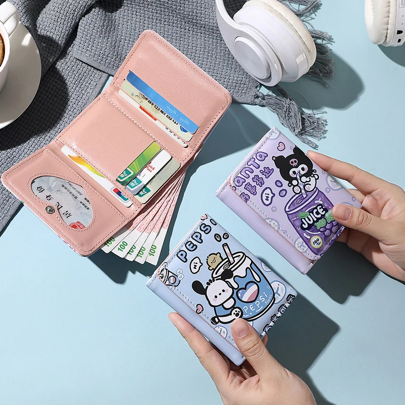 Sanrio Cartoon Fashion Multi-slot PU Wallet Buckle Coin Purse Card Holder Fold Zip Compact Wallet For Women Girls Birthday Gifts