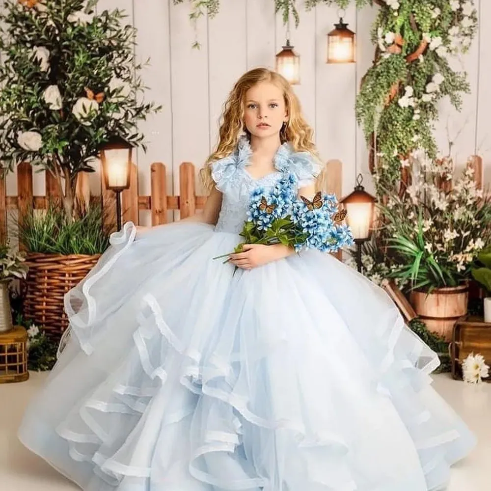 Lichtblauwe Bloem Meisje Jurk Trouwfeest Tule Organza Rok Ruches Prinses Baljurk Over Vloeiende Bloemen Kids