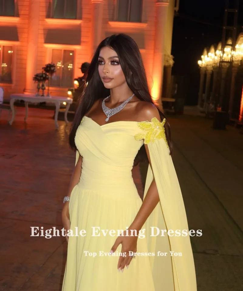 Suknie wieczorowe Eightale w stylu arabskim na przyjęcie weselne, z odkrytymi ramionami, szyte na miarę, szyfonowe, żółte, z krótkimi rękawkami, w kształcie litery A, muzułmańskie suknie balowe.