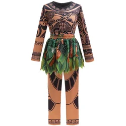 2PCS Sets Boys Maui Cosplay Costume Tattoo Print Set Carnival Birthday Dress Up Children Halloween Party Primitive Man Clothing