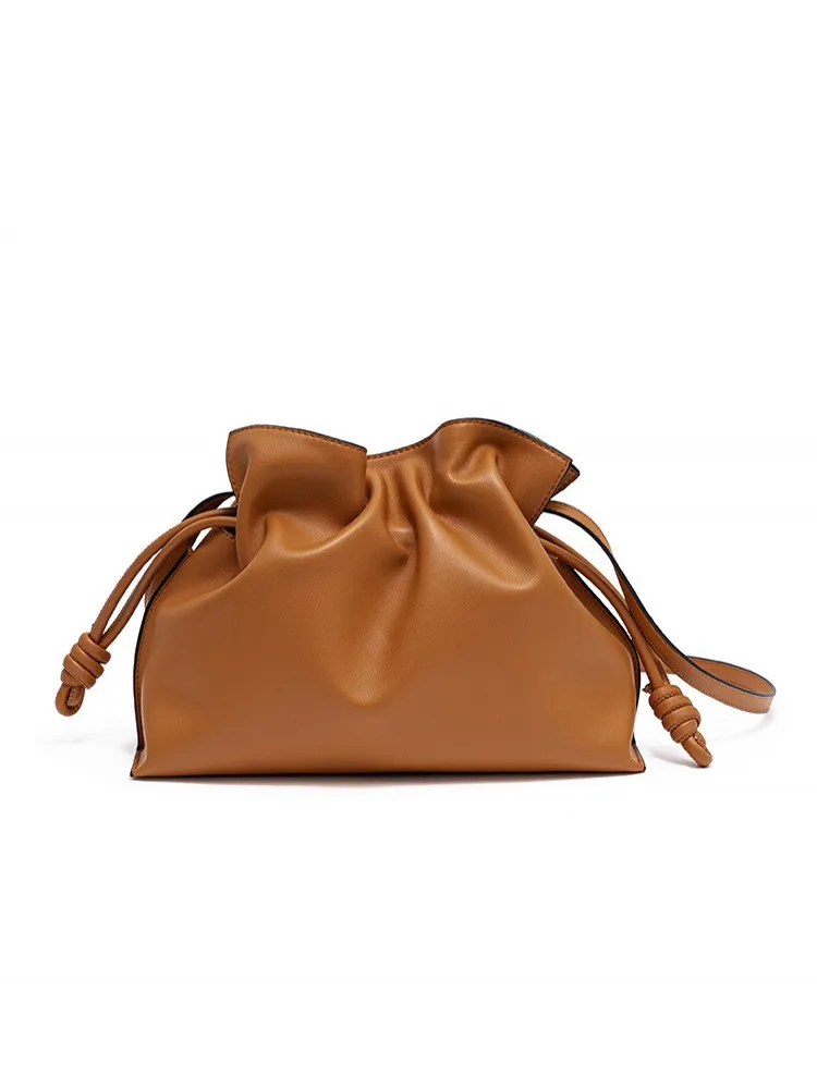 Women Casual Large Capacity Bucket Bag Ruffles String Cow Split Leather Shoulder Bag Female Strap Shopping Crossbody Bags Brown