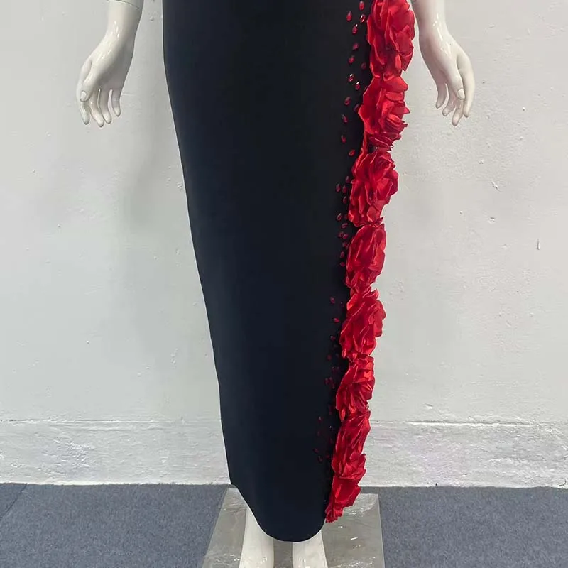 Nuevo vestido largo Bandage con flores de diamante blanco y negro de un hombro para mujer, vestidos elegantes de fiesta de noche para celebridades y cumpleaños de lujo