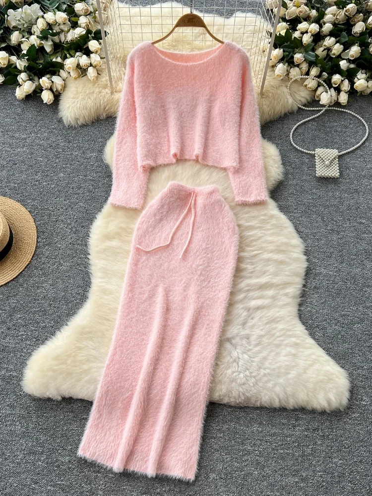 Korean Fashion Furry Warm 2PC Sets Women O-Neck Knitt Pullover+Drawstring Slim Basic Wrapped Hip Skirt Soft Sweater Suits Autumn