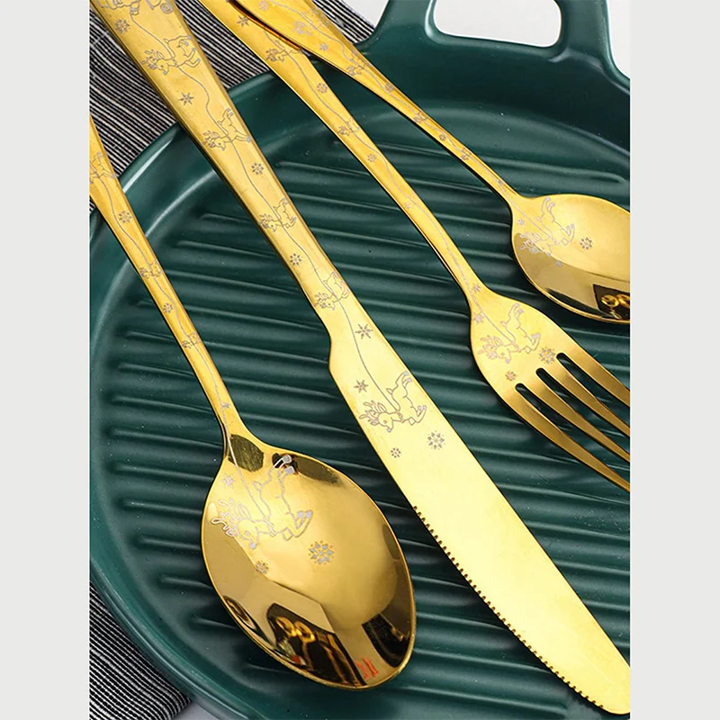 4 قطعة أدوات المائدة الفولاذ المقاوم للصدأ أواني الطعام مجموعة عيد الميلاد مجموعة أدوات المائدة سكين شوكة ملعقة قهوة مرآة طقم ملاعق هدايا عيد الميلاد #2