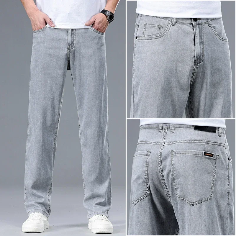 2024 New In Lyocell Summer Thin Jeans Men's  Loose Straight Casual Stretch Business Large Size Male Pants Solid Color