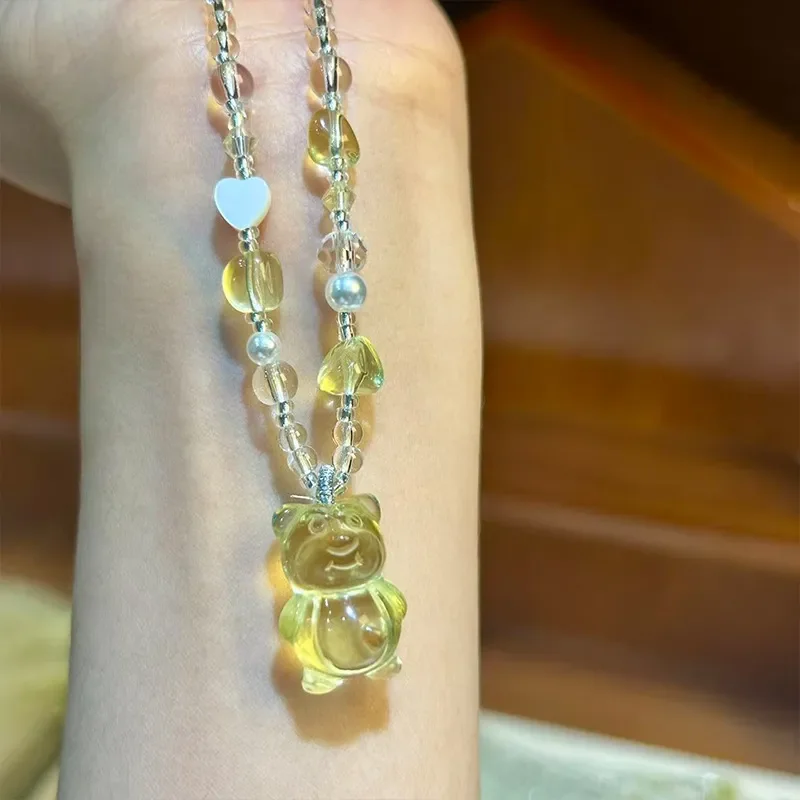 Citrine three-dimensional bear pendant necklace female niche sweet girl dopamine clear citrine necklace