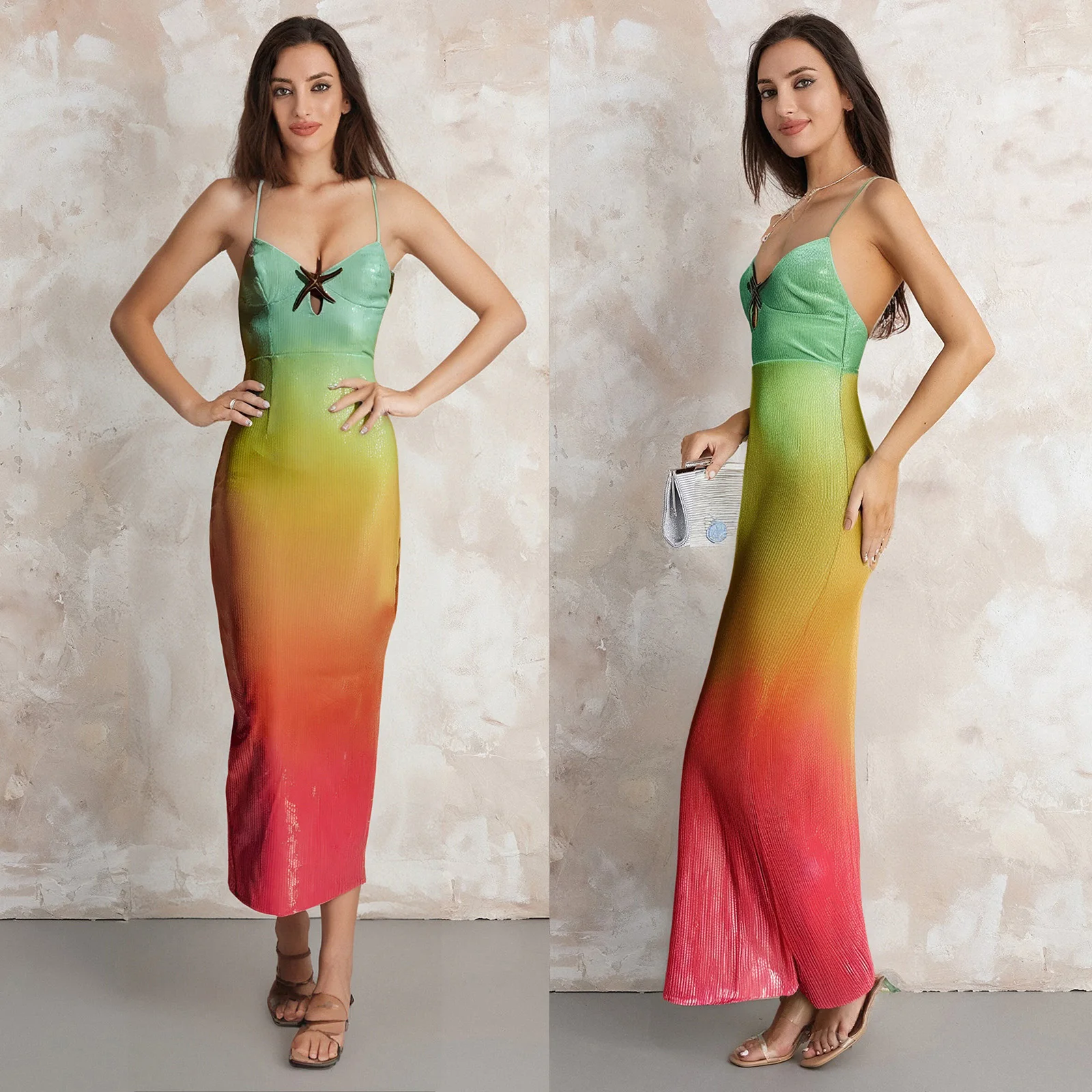 2025 damska patchworkowa sukienka na ramiączkach w gradientowym kolorze 3D rozgwiazda bez rękawów Spaghetti pasek dekolt w serek obcisła długa sukienka