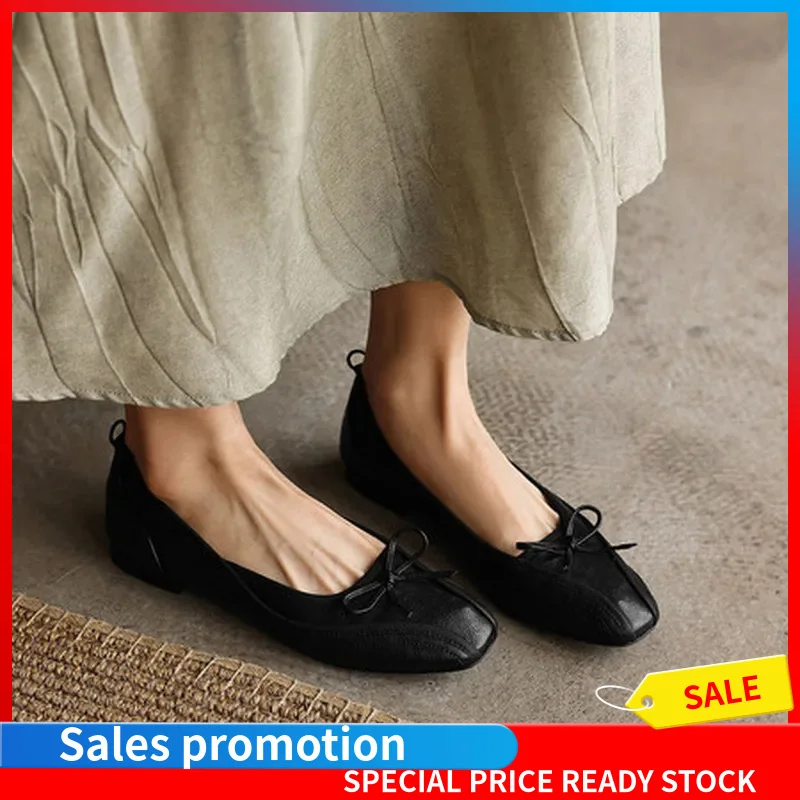 Ladies Soft Washed Cowhide Slip On Flats Wrinkled Bow Design Flat Heel Rubber Outsole Pigskin Lining Sheepskin InsoleF337