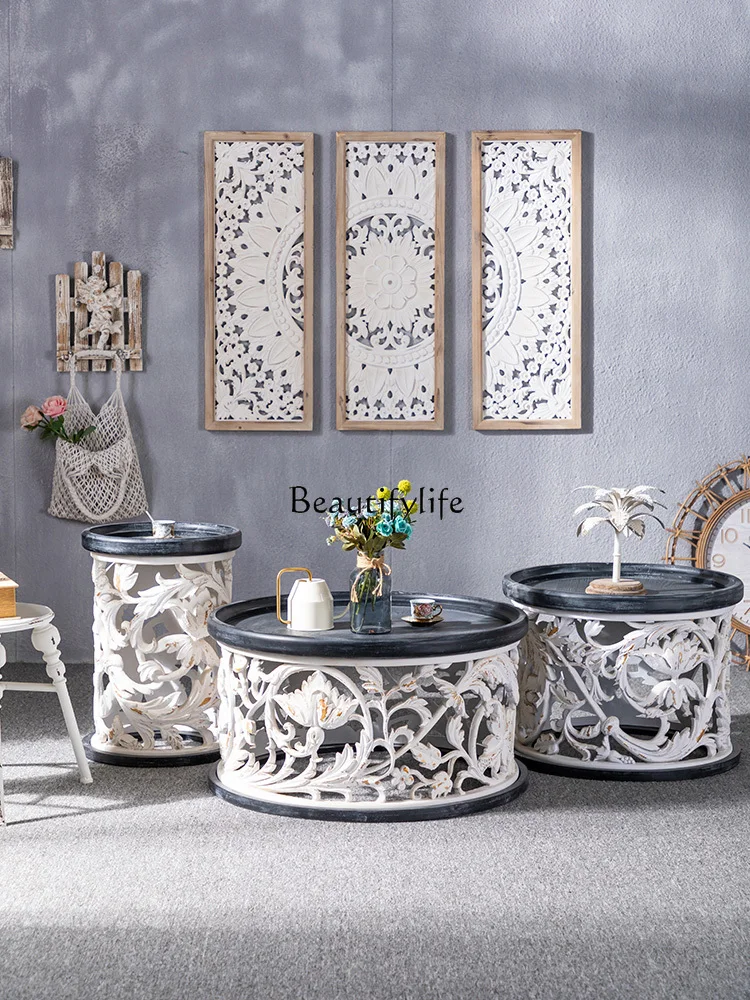 American Retro Distressed round Tea Table Home Sofa Side Table Carved Hollow-out Complete Set