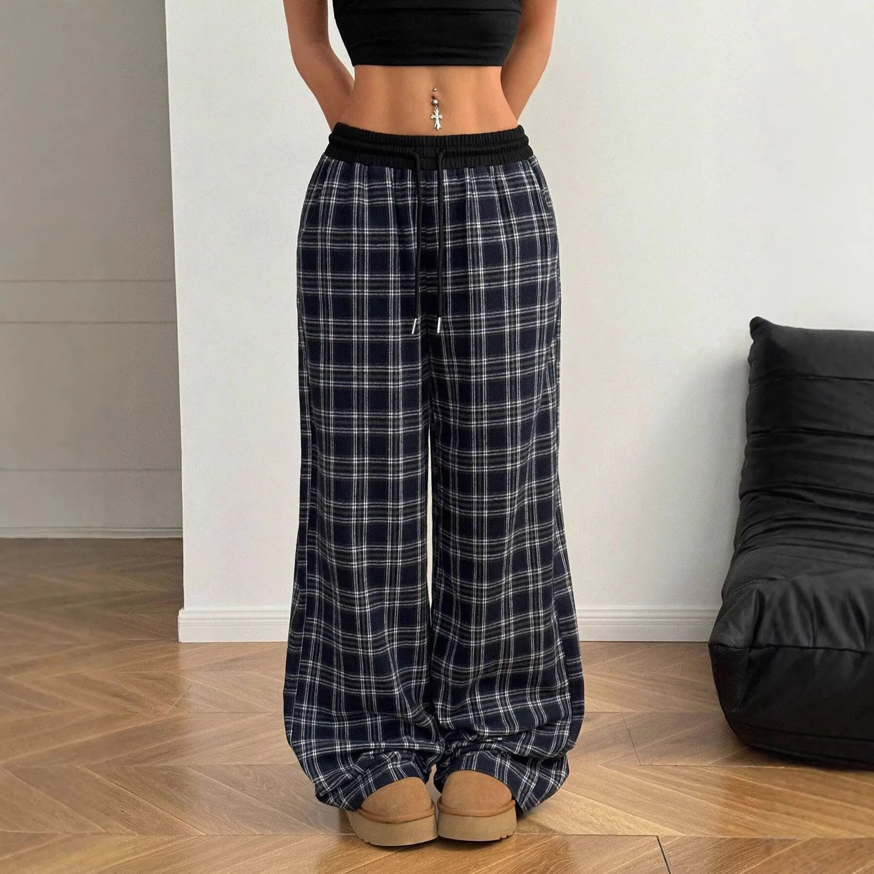 2026 Loose Straight Plaid Splicing High Waist Drape Casual Sweatpants