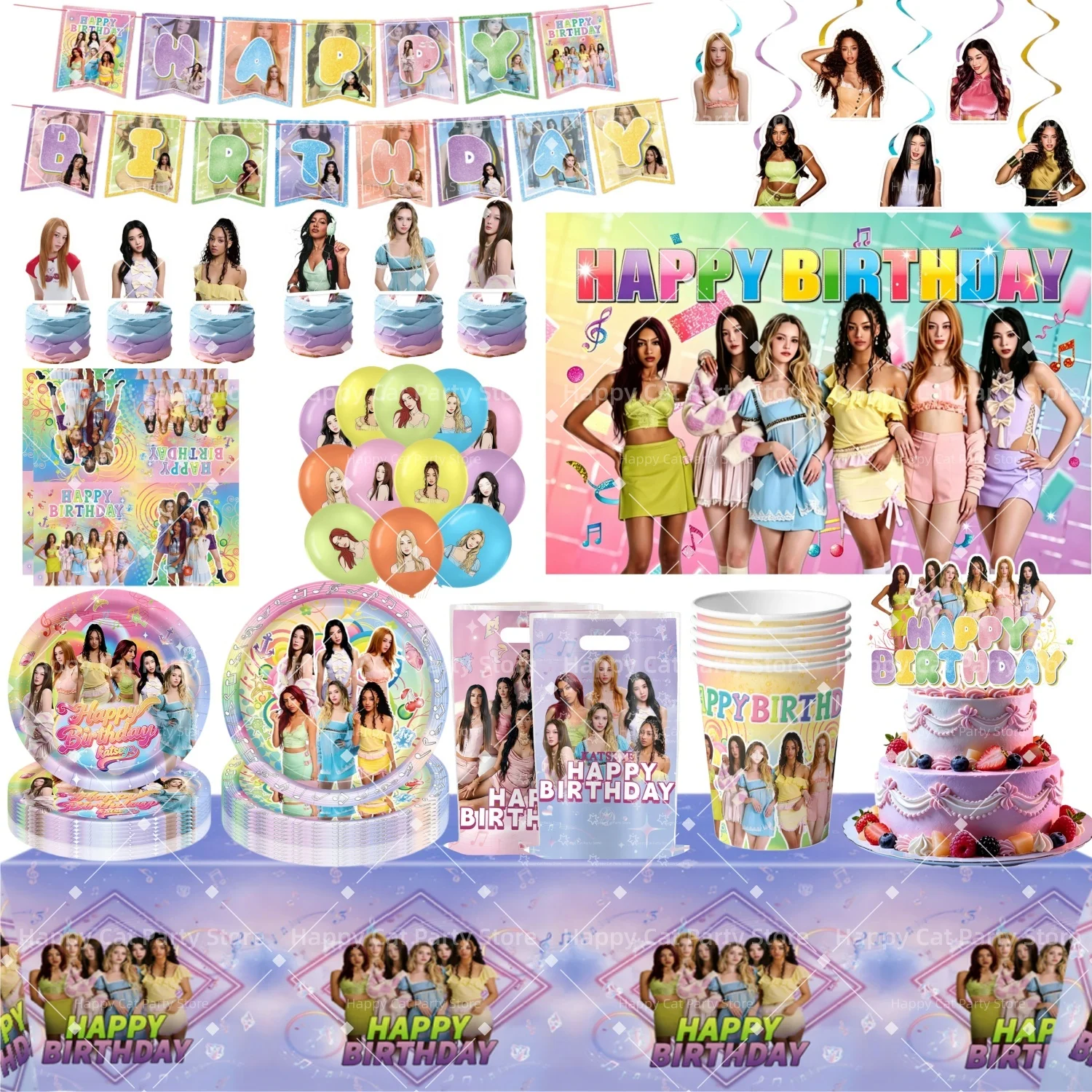 KATSEYE Gruppe Geburtstagsparty-Dekoration Tischgeschirr Tasse Teller Tischdecke Geschenktüte Serviette Kuchendekoration Hintergrund Party-Gastgeschenke Zubehör
