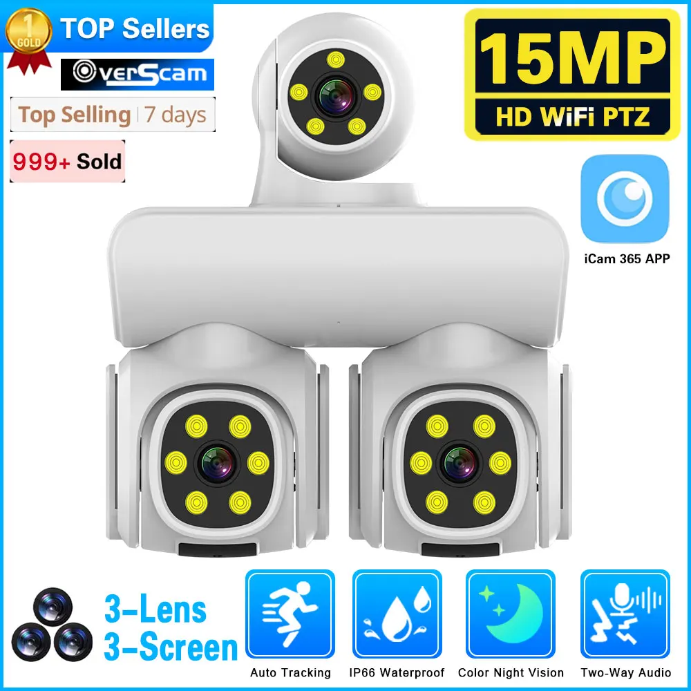 

HD 8K 15MP Three Lens Three ScreensCamera WIFI IP CCTV PTZ Outdoor Waterproof Two Way Intercom Motion Track Icam365 Smart Camera