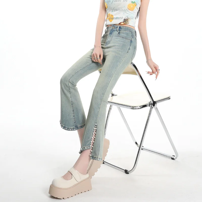 Nuevos pantalones vaqueros micro acampanados con cuentas de alta resistencia, nuevos pantalones vaqueros de nueve pulgadas de estilo informal con abertura elástica a la moda para primavera y verano para mujer