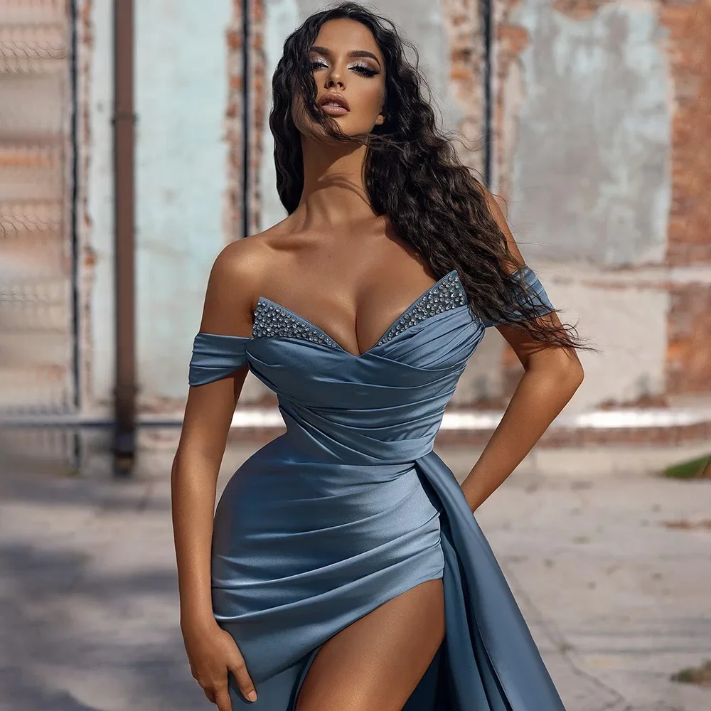 2024 Sexy Blue Off Shoulder Beaded Satin Evening Dress Mermaid for Women Slit V-Neck Pleated Backless Evening Party Gown