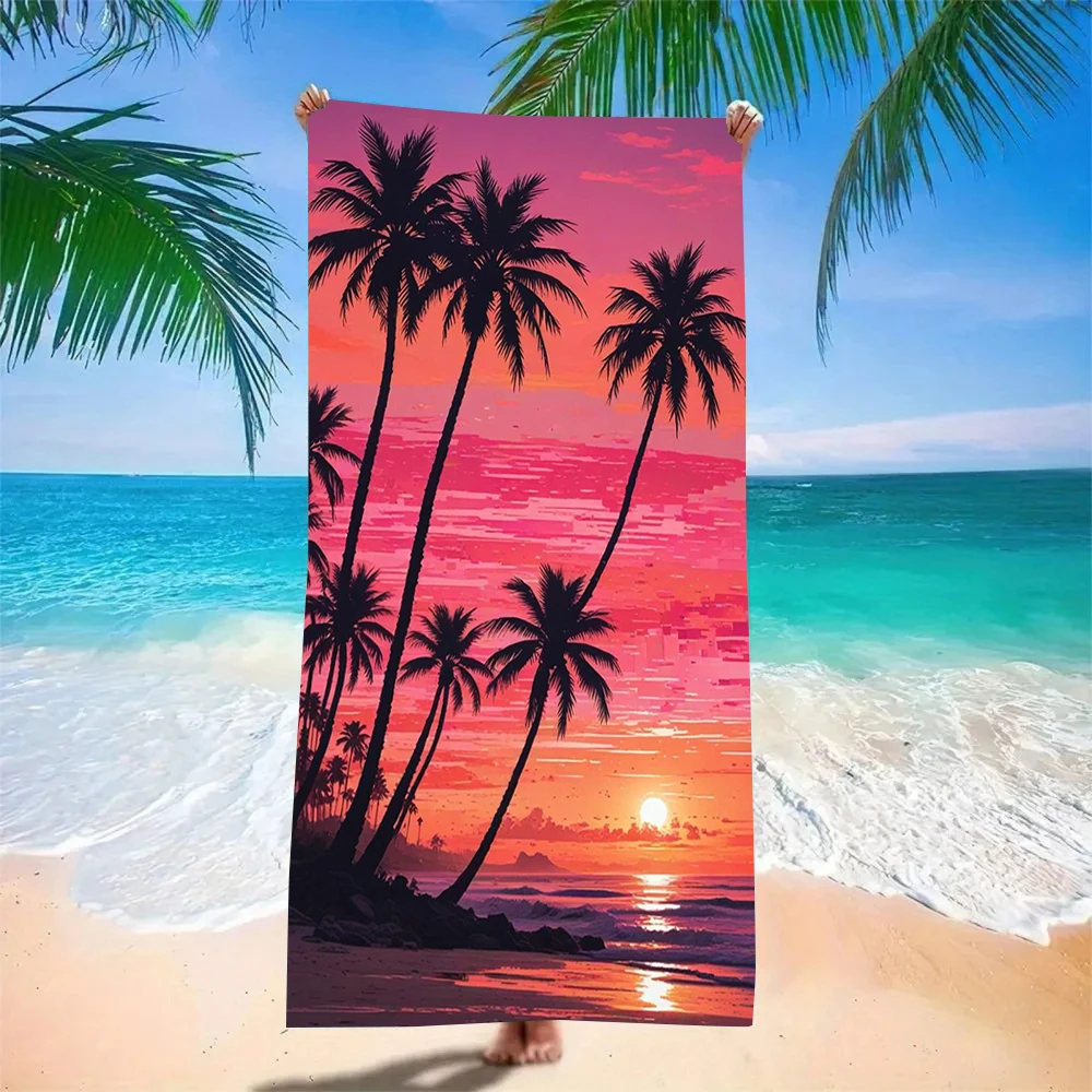 Pink Purple Sunset Palm Tree Silhouette Print Beach Towel Anti Sand Microfiber Pool Towel Summer Beach Swim Picnic Vacation Gear