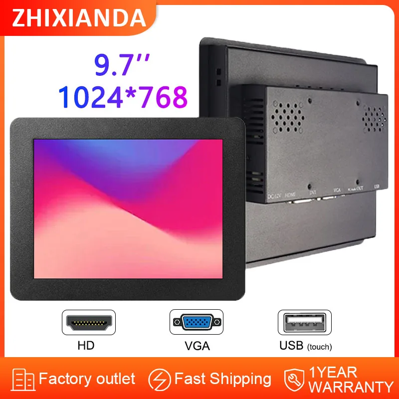 Zhixianda 9.7/10 inch Industrial Metal Case TFT LCD Embedded HD VGA Display Resistive/Capacitive Touch Screen Monitor