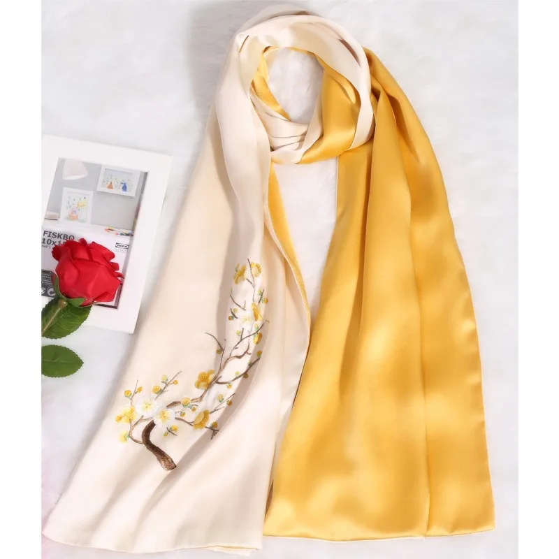 Birdtree, 16MM 100% Silk, Suzhou Embroidery, Handmade Scarf, Double Layered, Women's Gift Shawl, Spring Autumn A49735QM