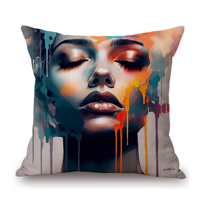 Abstract Ink Splash Oil Painting Art Pretty Girl Face Modern Fashion Decorative Cushion Cover Cotton Linen Sofa Pillow Case.