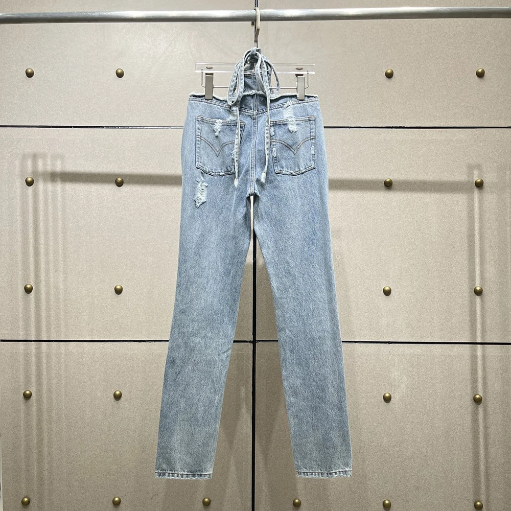 Damskie jeansy bawełniane Y2k Vintage sprane dziury przetarcia spodnie ażurowe ozdobione gorącymi diamentami proste spodnie nowość jesień 2025