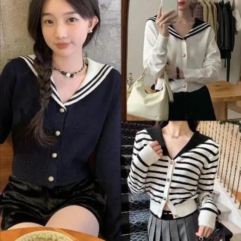 Korean Knitted Striped Cardigan Women Slim Casual Sailor Collar Cropped Top