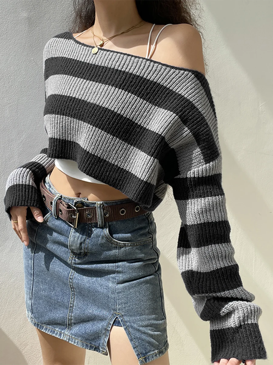 Women Striped Sweater Off Shoulder Long Sleeve Cropped Sweaters Loose Knitted Tops