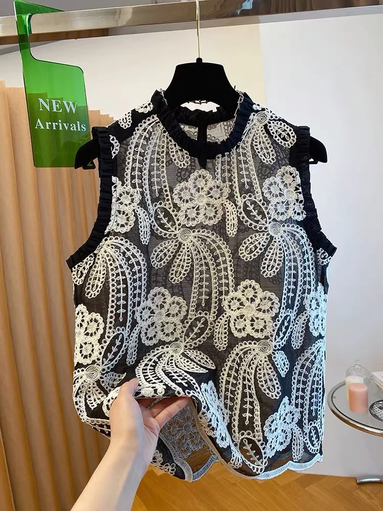

Summer French Women's Lace Crochet Tank Top High Neck Sleeveless Blouse Hollow Out Floral See-Through Elegant Shirt Streetwear