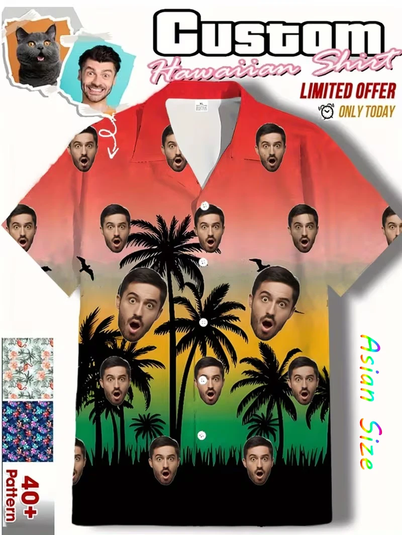 

Забавные Гавайские рубашки с настраиваемым принтом для лица и фото, гавайские рубашки с тропическими растениями, унисекс, рубашки азиатского размера для мужчин, одежда, блузки