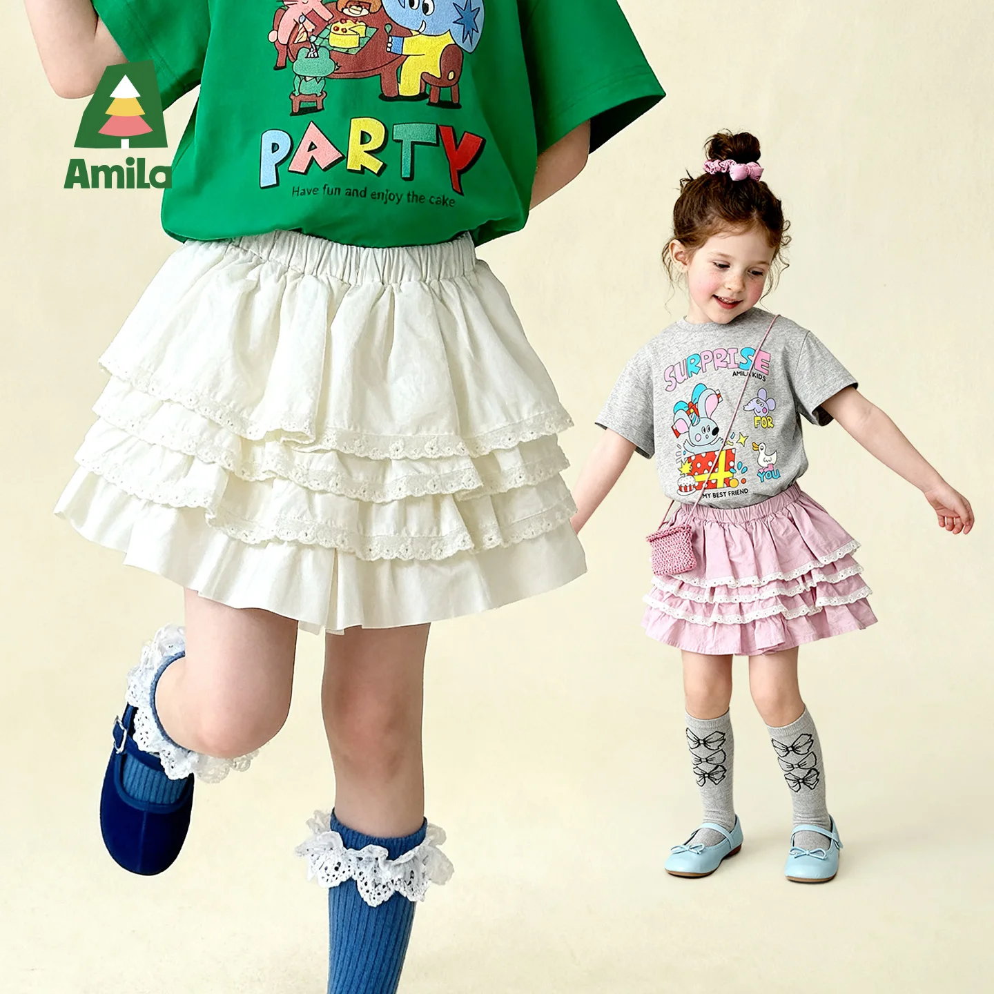 Amila 2026 Summer New Arrival Girls' Multi-Layer Lace Skirt, Sweet And Fresh, Versatile And Cute Cake-Style Short Skirt