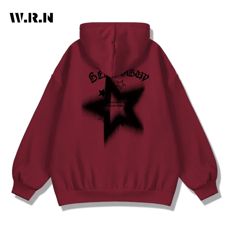 

Women's Vintage Long Sleeve Stars Letter Print Sweatshirts American Retro Hooded 2024 Winter Female Fashion Street Loose Top