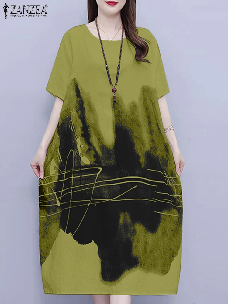 ZANZEA Vintage Ink Wash Print donna t-shirt abiti larghi Casual Daily O Neck a-line Vestidos 2024 Summer Holiday Midi Robes