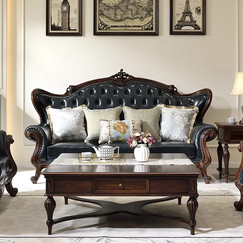 American retro country leather sofa household living room solid wood multi-person large apartment first layer cowhide straight