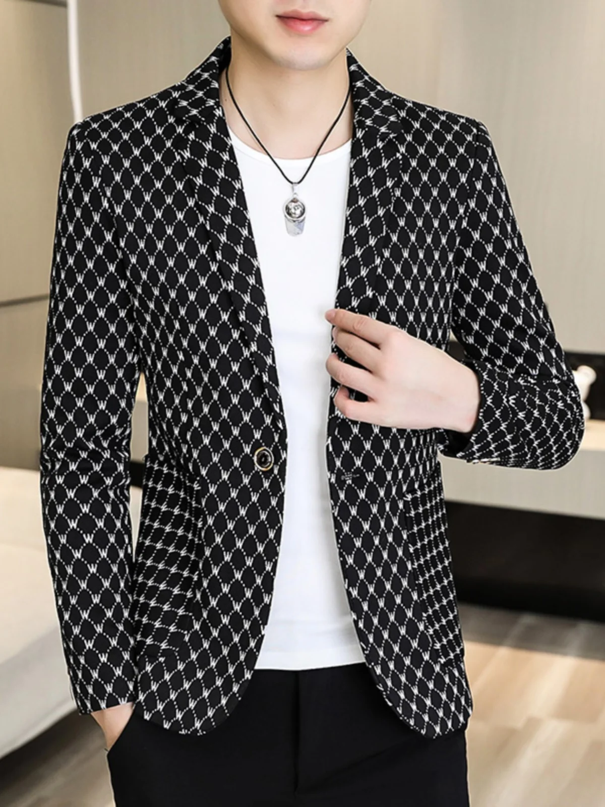 

Autumn New Sle Men's Slim Fit Plaid Single-breasted Casual Suit Jaet Faionable Knitwear Spring Autumn Seasonal Outerwear