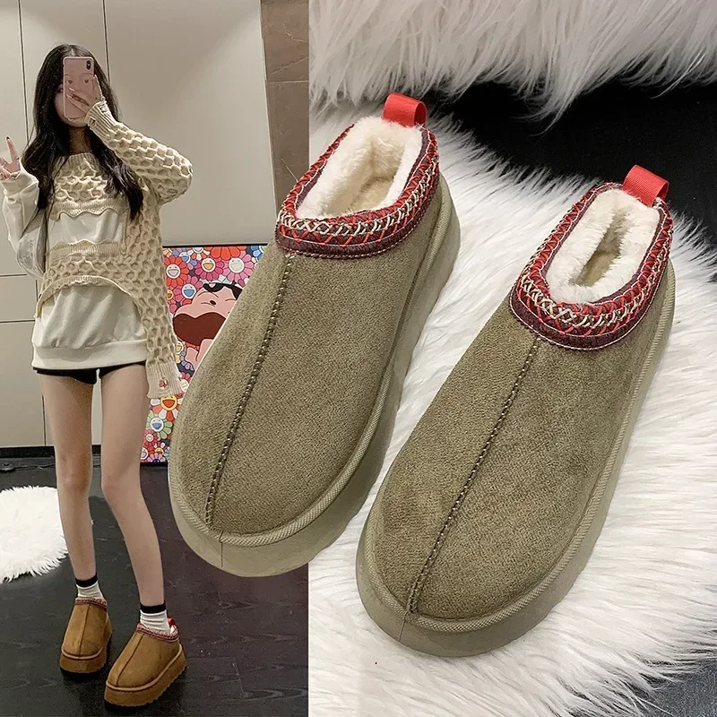 Snow Boots for Women Winter New Cashmere Warm Thick Soles Without Heel-covered Hair Half Slipper Cotton Shoes for Women