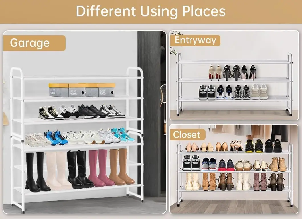 3-Tier Metal Shoe Rack, White Stackable Closet Organizer with Wire Grid, Wide Storage Shelf for Entryway or Bedroom