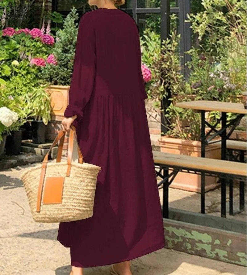 Islam Abaya Vestido largo de algodón y lino Simple para mujer, Vestido camisero europeo y americano