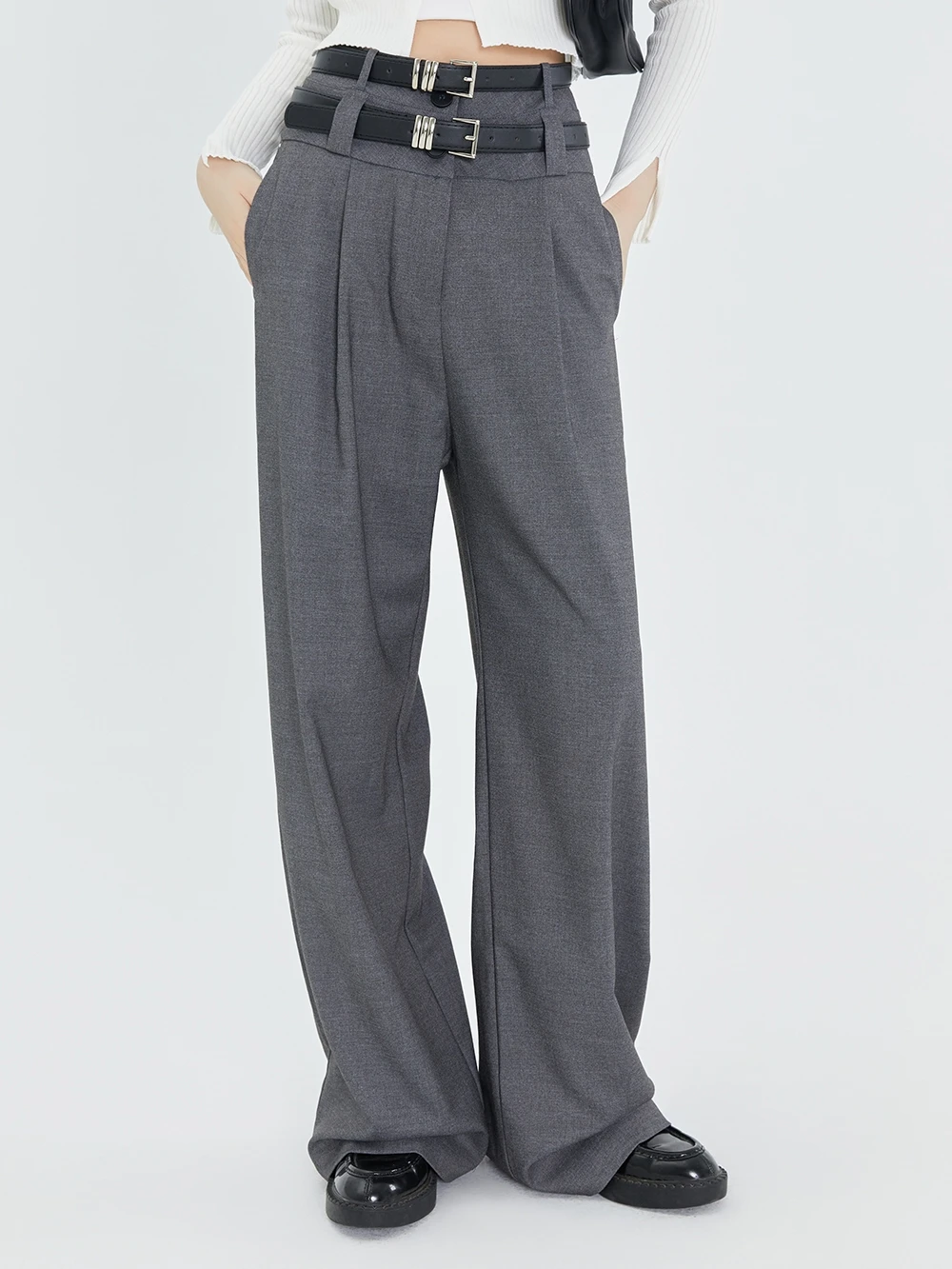 LFSTUDIO Women's Straight Leg Pants Double Waist Loose Drapey Floor-Length Slimming Wide Leg Trousers Spring Commute Sle