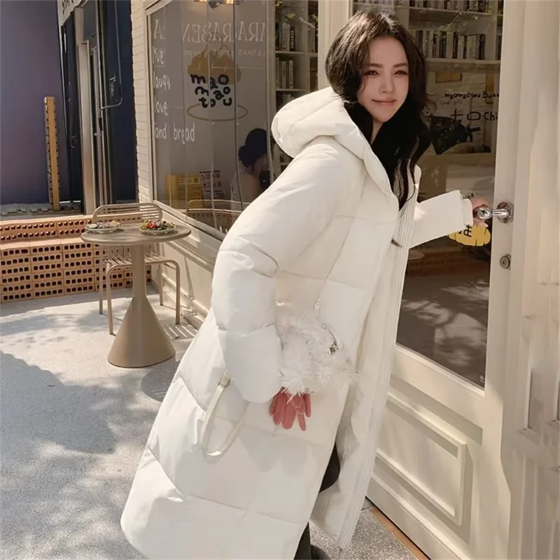 2026 Fashion Winter Women's Parkas Over The Knee Korean Design Thick Warm Students Sweet Hooded Long Down Cotton Coat