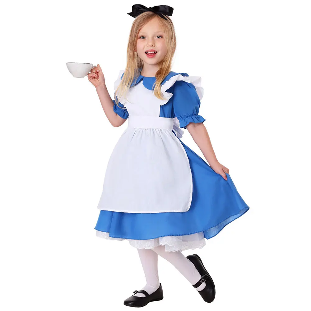 Dziecięca dziewczyna niebieska Alicja w krainie czarów kostium na Halloween dla dzieci Party Lolita pokojówka sukienka Cosplay Alice w krainie czarów kostium dziewczęcy