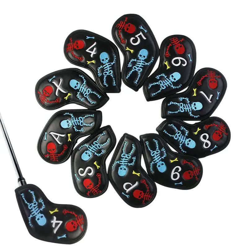 10pcs Skull Head Golf Club Covers Golf Iron Head Covers Skeleton Wedge Head Protector Case 4 5 6 7 8 9 P A S X Headcovers