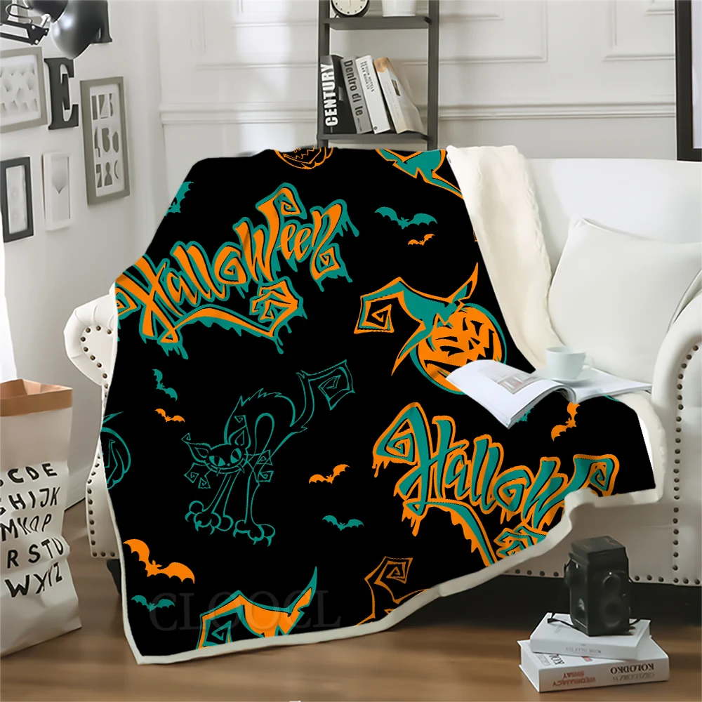 CLOOCL Double Layer Blanket Cartoon Harajuku Fashion Happy Halloween Black Cat Magic Hat Pumpkin Lantern 3D Print Throw Blanket