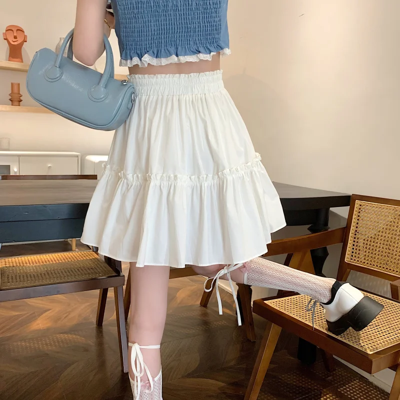 HOUZHOU Kawaii Cute Mini Skirt Women Korean Fashion Patchwork Fairycore High Waist Fluffy White Skirt Vacation Outfits Summer