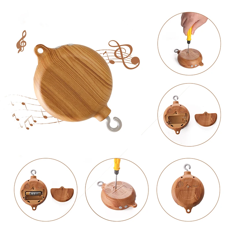 Baby Crib Bed Bell With Music Box - Wood-Like Grain Rotary 12 Songs Hanging Bell Toy For Newborn 0-12 Months Motor Accessory