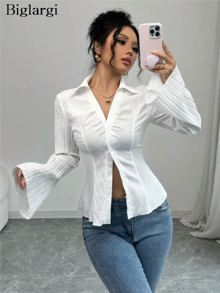 

Autumn Shirts Women Bodycon Slim Sexy Fashion Split Ladies Blouses Flared Long Sleeve Korean Style Woman Shirt Tops