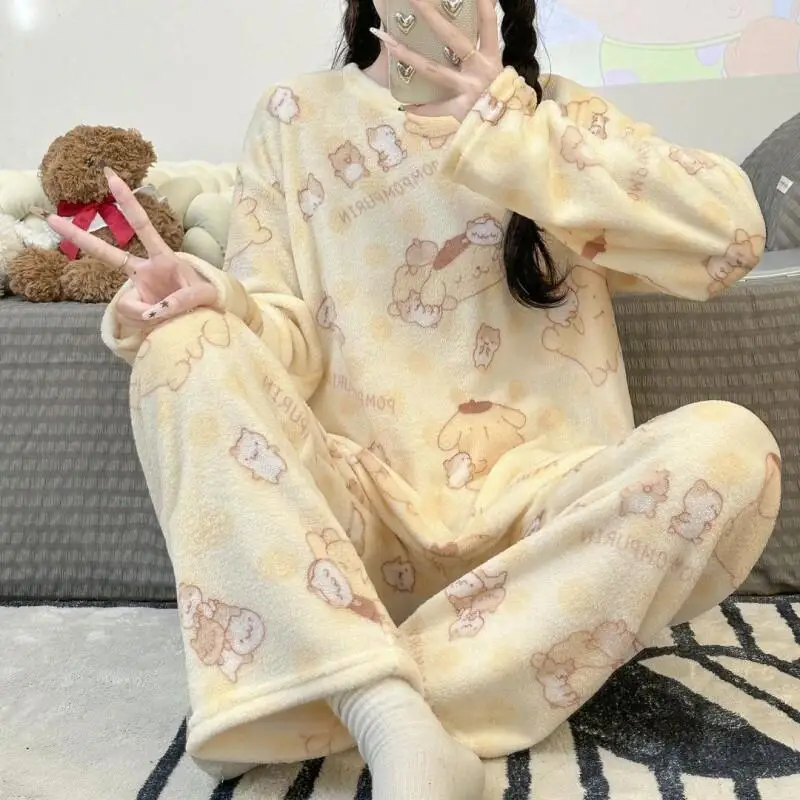 

Женский пижамный комплект Sanrio Hello Kitty, одежда для сна, зимняя домашняя одежда в корейском стиле, с длинными рукавами, утепленная, теплая, милая, повседневная, в корейском стиле